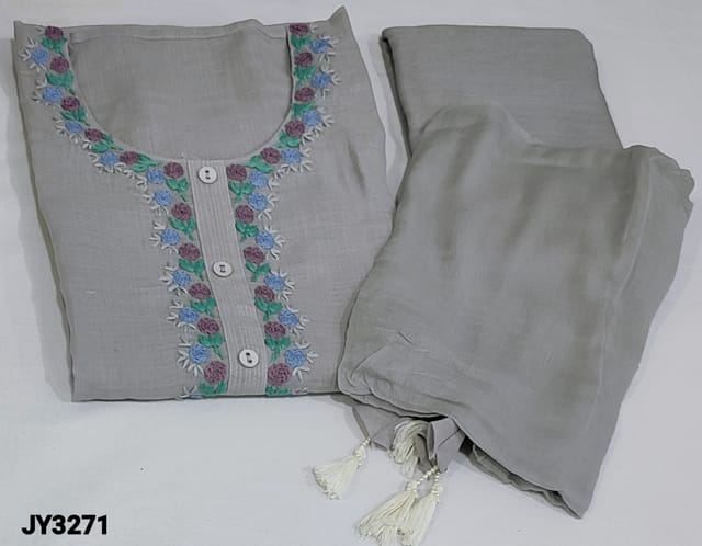 CODE JY3271 : Designer Sober Pastel Greyish Lavender Pure Premium Linen unstitched Salwar material(thin fabric, lining needed) round neck, thread embroidery and fancy buttons on yoke, Matching Santoon Bottom, Pure chiffon dupatta with tassels