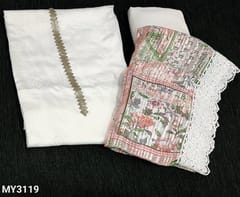 CODE MY3119 : Designer White Pure Masleen Silk unstitched salwar material (soft, thin and silky fabric, lining needed) with silver kota patch work on yoke, self embroidery work done on frontside, fancy lace organza patch on daman, Matching Santoon Bottom, Peach Printed self design Baraso Georgette Dupatta with fancy lace tapings