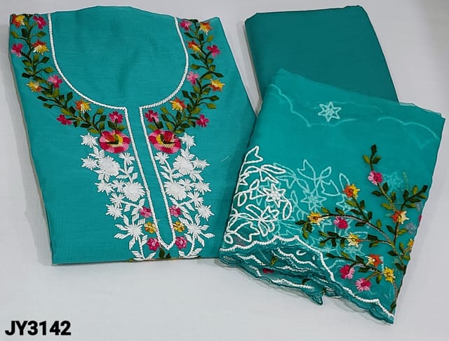 CODE JY3142 : Turquoise Blue fancy Silk Cotton Unstitched salwar material (lining included) with embroidery work on yoke, floral embroidery work on frontside, Matching shiny single fabric provided for both Lining and Bottom, Fancy organza dupatta and embroidery work with cutwork edges