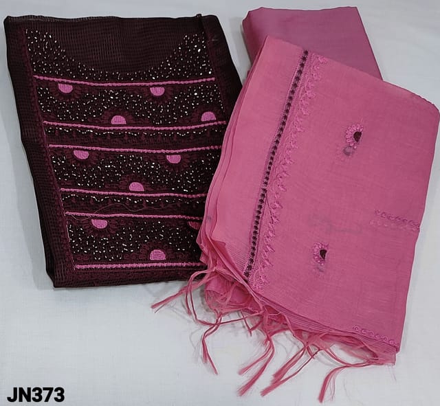 CODE JN373 : Dark Beetroot Purple Fancy Kota Silk Cotton unstitched Salwar material(netted fabric, thin lining needed) with cut bead and embroidery pattern on yoke, Pink silk Cotton Bottom, embroidery on Fancy supernet dupatta