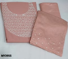 CODE MY3955 : Pink fancy Silk Cotton Unstitched Salwar material(thin slightly fabric, lining needed) with tiny Peral bead work on yoke, Matching silky Bottom, Soft Silk cotton dupatta with pearl bead work on Borders