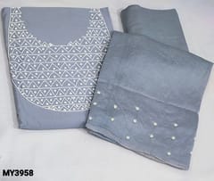 CODE MY3958 : Grey fancy Silk Cotton Unstitched Salwar material(thin slightly fabric, lining needed) with tiny Peral bead work on yoke, Matching silky Bottom, Soft Silk cotton dupatta with pearl bead work on Borders