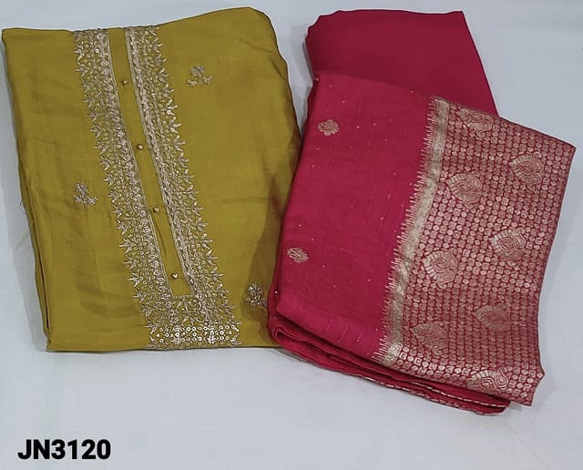 CODE JN3120 : Designer Mehandhi Yellow Pure Uppada Silk unstitched Salwar material(thin silky fabric, lining needed)with zari and sequins work on yoke, Floral design work on frontside , Bright Pink Santoon Bottom, Soft silk cotton dupatta with tiny sequins work and zari woven buttas with  Rich zari woven pallu