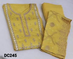 CODE DC245: Designer Mehandhi Yellow Pure Dola Silk unstitched Salwar material(requires lining) with gota patch, zardozi and sequins work on yoke, matching santoon bottom, benarasi woven design on dola silk dupatta.