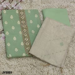 CODE JY3501 : Pastel Green Fancy Silk Cotton Unstitched Salwar material(light weight, lining needed) with heavy zari and sequins work on yoke, tiny sequins and zari woven buttas frontside, Matching thin silky Bottom, embroidered thread work and sequins work on Beige with gold tint Soft tissue silk cotton dupatta