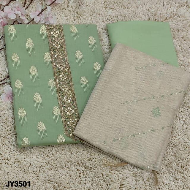 CODE JY3501 : Pastel Green Fancy Silk Cotton Unstitched Salwar material(light weight, lining needed) with heavy zari and sequins work on yoke, tiny sequins and zari woven buttas frontside, Matching thin silky Bottom, embroidered thread work and sequins work on Beige with gold tint Soft tissue silk cotton dupatta