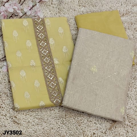 CODE JY3502 : Pastel Yellow  Fancy Silk Cotton Unstitched Salwar material(light weight, lining needed) Matching thin silky Bottom, Beige with gold tint Soft tissue silk cotton dupatta. check complete description below before ordering