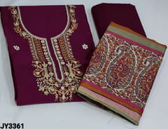 CODE JY3361 : Rani Pink Silk Cotton unstitched Salwar material(thin fabric, lining needed) with thread and sequins work on yoke, floral embroidery work on front side, Matching Cotton Bottom, Multi color Digital (paisley) printed fancy silk cotton dupatta