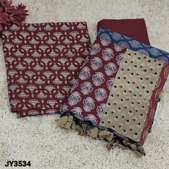 CODE JY3534 : Designer Maroon Base Ajrak block printed Premium Cotton unstitched salwar material (soft fabric, lining optional) printed all over, Maroon Pure Cotton Bottom, Multicolor Applique work on Premium Pure Mul cotton dupatta with tapings and hand made tassels