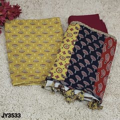 CODE JY3533 : Designer Mehandhi Yellow Base Ajrak block printed Premium Cotton unstitched salwar material (soft fabric, lining optional) printed all over, Maroon Pure Cotton Bottom, Multicolor Applique work on Premium Pure Mul cotton dupatta with tapings and hand made tassels