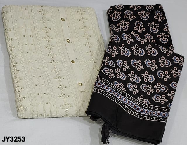 CODE JY3253 : Half White Base Premium Soft Cotton unstitched Salwar material(lining needed) with fancy buttons on yoke, sequins and schiffli embroidery work on frontside, block printed Black pure Cotton Bottom, block printed Pure soft mul cotton dupatta with tassels