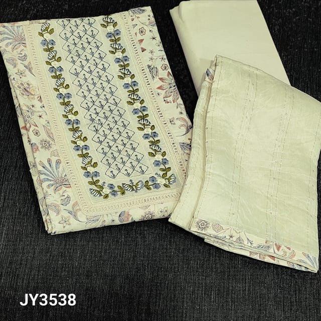CODE JY3538 : Off White Base Printed soft cotton unstitched Salwar material(thin fabric, lining optional) with embroidered yoke patch with lace taping, tasseled tapings on daman, Matching Cotton Bottom, zari lines and sequins work on soft silk cotton dupatta with tapings