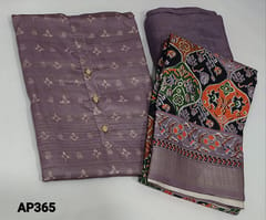 CODE AP365 : Lavender Shade Semi Gicha unstitched Salwar material( textured fabric requires lining ) with simple yoke,matching silk cotton bottom,Patola printed multicolored fancy soft silk dupatta with zari weaving borders(requires tapings)