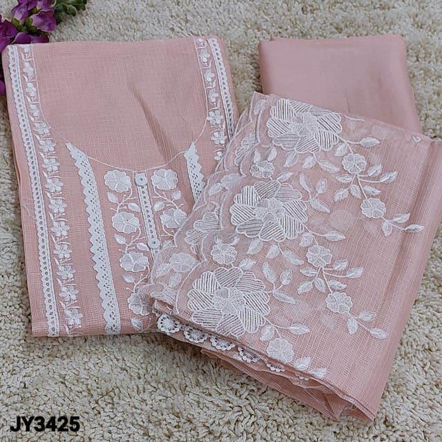 CODE JY3425 : Pastel Pink  Premium Kota Unstitched Salwar material(thin netted kind of fabric lining needed) with embroidery work and lace detailing on Yoke, embroidery work on daman, Matching Santoon Bottom, embroidery work (one side) on Premium kota dupatta with fancy lace tapings