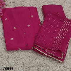 CODE JY3559 :  Designer Bright Pink pure Dola Silk semi-stitched salwar material(soft and silky fabric, lining needed) round notch neck, fancy buttons on yoke, banarasi weaving pattern on frontside, tree weaving design and bird and dear pattern on daman, Matching Santoon Bottom, Thread and sequins work on Premium chiffon dupatta with gota lace tapings