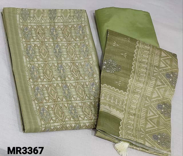 CODE MR3367 : Premium Pastel Green Silk Cotton unstitched salwar material(thin soft fabric requires lining) zari and real mirror work on yoke, digital printed daman,matching thin silky bottom,digital printed silk cotton dupatta