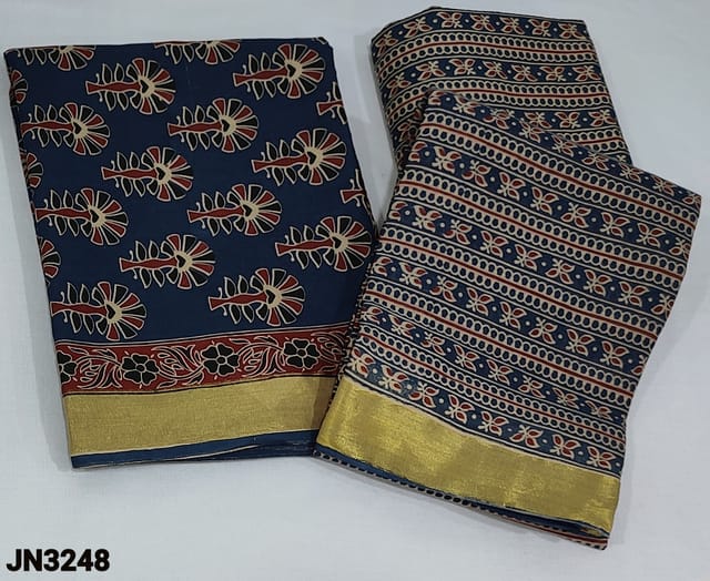 CODE JN3248 : Indigo Blue Pure cotton unstitched Salwar material(lining needed) Block printed all over, gold tissue borders on daman, vertical striped Cotton Bottom, Mul cotton dupatta with gold tissues borders and tapings