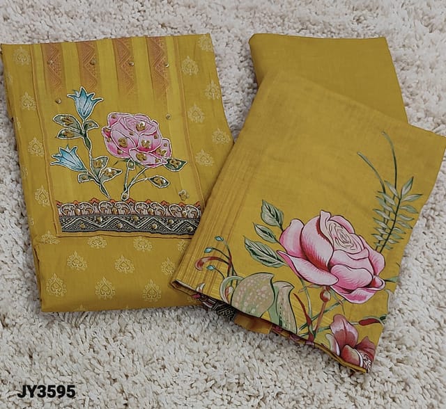 CODE JY3595 : Fenugreek Yellow Printed Soft cotton unstitched Salwar material(thin soft fabric, lining optional) Floral Printed yoke highlighted with zardozi, thread and sequins detailing, Matching pure soft Cotton Bottom, Floral printed mixed cotton dupatta