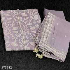CODE JY3582 : Designer Lavender Shade Pure Organza unstitched Salwar material(soft flowy fabric, lining needed) with Rich embroidery and sequins work on frontside, Matching Santoon Bottom, Pure organza dupatta with thread and sequins borders