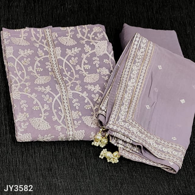CODE JY3582 : Designer Lavender Shade Pure Organza unstitched Salwar material(soft flowy fabric, lining needed) with Rich embroidery and sequins work on frontside, Matching Santoon Bottom, Pure organza dupatta with thread and sequins borders