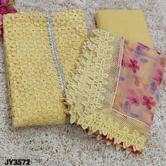CODE JY3572 : Designer Pastel Yellow Cotton unstitched Salwar material(thin soft fabric, lining needed) with gota patch work on yoke, fancy Floral lace work on frontside, Matching thin fabric provided for lining, NO BOTTOM, floral printed fancy organza dupatta and fancy lace tapings