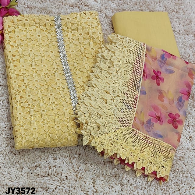 CODE JY3572 : Designer Pastel Yellow Cotton unstitched Salwar material(thin soft fabric, lining needed) with gota patch work on yoke, fancy Floral lace work on frontside, Matching thin fabric provided for lining, NO BOTTOM, floral printed fancy organza dupatta and fancy lace tapings