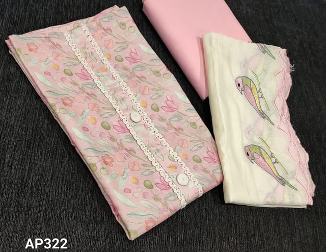 CODE AP322 :Pastel Pale pink Printed Satin cotton unstitched Salwar material( smooth soft fabric lining optional)lace and buttons on yoke might vary ,matching Cotton bottom, Off White Soft silk cotton dupatta with beautiful bird embroidery and cutwork details