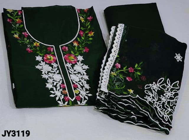 CODE JY3119 : Bottle Green Fancy Silk Cotton unstitched Salwar material (lining Included) Colorful thread embroidery work on yoke, Floral embroidery work on frontside, Matching silky single fabric provided for both Lining and Bottom, Fancy organza dupatta and rich embroidery work and cut work edges
