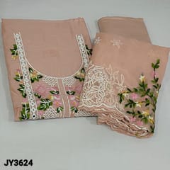 CODE JY3634 : Peach Fancy Silk Cotton unstitched Salwar material (thin fabric, lining needed) Colorful embroidery work on yoke, Matching silky Bottom, Fancy organza dupatta and (one side)rich embroidery work and cut work edges