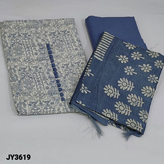 CODE JY3619 : Half White Warli Printed Jute Cotton unstitched Salwar material(lining optional) with potli buttons on yoke, printed all over, Denim Blue Cotton Bottom, printed Art Silk Dupatta
