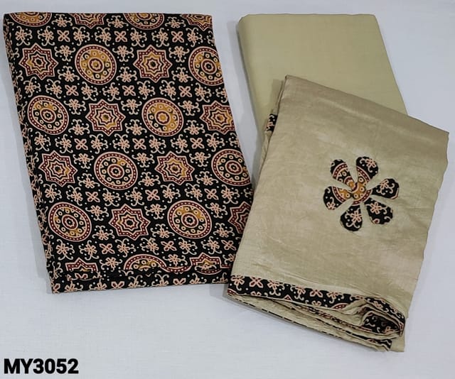 CODE MY3052 : Black base Ajrak Printed Cotton Unstitched salwar material (lining optional) ajrak printed all over, Beige Cotton Bottom, Applique work on Soft silk cotton dupatta with tapings