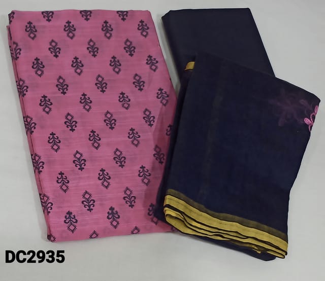 CODE DC2935 : Printed Pink Slub fancy Silk Cotton unstitched Salwar material(lining needed), navy blue thin cotton bottom, embroidery work on short width fancy silk cotton dupatta with tassels(tapings needed)