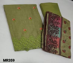 CODE MR359 : Light Olive Green Fancy Silk Cotton Unstitched Salwar material(thin soft fabric requires lining) ,embroidery Work on frontside, Matching soft thin silky bottom,Digital Printed Silk Cotton Dupatta (tapings needed)
