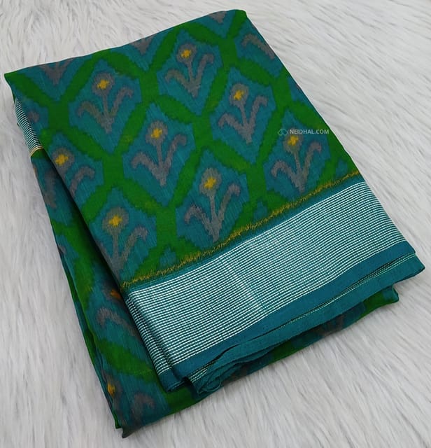 CODE WS599 : Turquoise base digital printed fancy linen (thin and light weight) saree with thread borders,digital printed pallu and running printed blouse - suitable for office wear