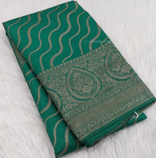 CODE WS608 :  Turquoise green fancy silk cotton saree with beautiful antique gold zari borders, gold zari patterns all over ,rich zari woven pallu and running blouse with borders