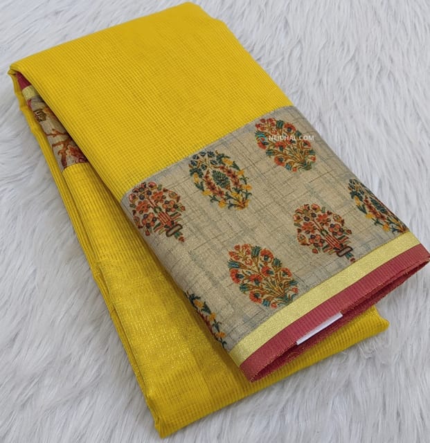 CODE WS611 : Bright yellow premium silk cotton saree with thin gold zari lines all over, digital printed borders , digital printed pallu and printed running blouse with mild tissue borders