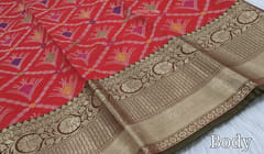 CODE WS617 :Red dupion silk saree with silver zari and meenakaari thread woven design all-over,contrast green  antique gold zari woven border,rich silver zari woven pallu and double shaded plain running blouse with simple borders
