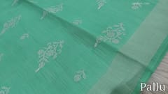 CODE WS620 :Pastel turquoise green slub silk cotton saree with cross stitch embroidery work all-over,thread woven borders (thin and light weight ) embroidered pallu and running blouse with thread woven borders