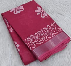 CODE WS640 : Dark pink art linen saree with wax batik dyed designs all over, tissue borders, tissue and wax dyed pallu,running blouse with borders.