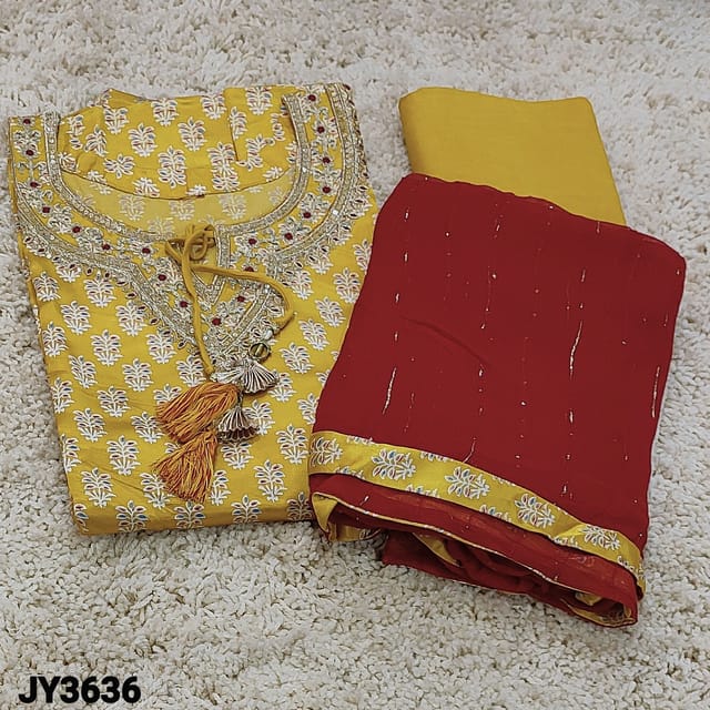 CODE JY3636 : Designer Yellow Satin Silk Unstitched dress material (texture, soft fabric, lining optional) round notch neck with fancy tassels, with zari, sequins and zardozi work on yoke, ajrak printed all over, Matching Santoon Bottom, Zari and Sequins on Reddish Maroon Pure chiffon dupatta with tapings