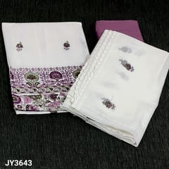 CODE JY3643 : White Premium Kota Unstitched Salwar material(thin, netted fabric, lining needed) with Rich embroidery work on daman, Dark Purple silk Cotton Bottom, embroidery work on kota cotton dupatta with lace tapings