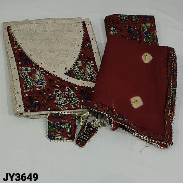 CODE JY3649 : Beige Base Soft Premium Cotton unstitched Salwar material(soft fabric, lining optional) Angarkha style neck pattern, warli printed yoke highlighted zardozi and sequins detailing with fancy tassels, sequins and Tree Printed all over, Dark Maroon Warli printed Soft Cotton Bottom, tie and dye pattern pure chiffon dupatta with tapings