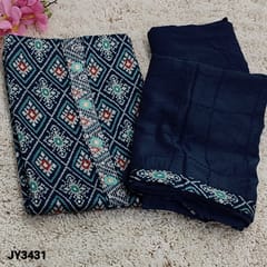 CODE JY3431 : Navy Blue Patola Printed Satin cotton unstitched Salwar material(soft fabric, lining optional) with zari, thread and sequins work on yoke, Matching Santoon Bottom, self embroidery work on Soft silk cotton dupatta