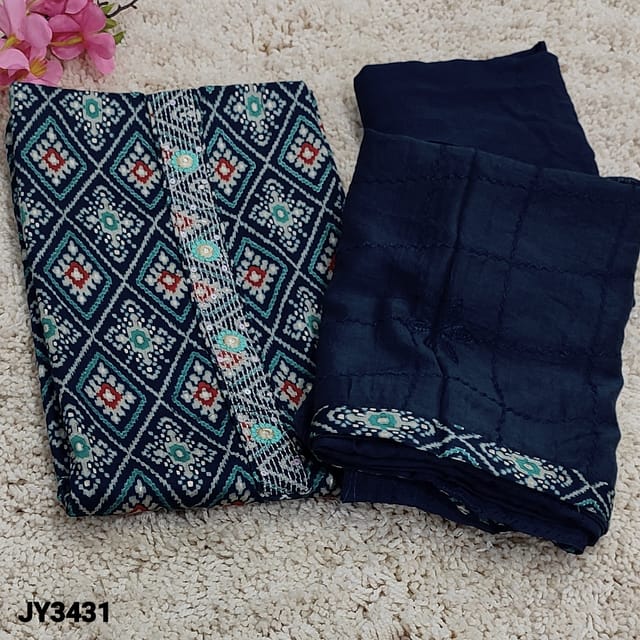 CODE JY3431 : Navy Blue Patola Printed Satin cotton unstitched Salwar material(soft fabric, lining optional) with zari, thread and sequins work on yoke, Matching Santoon Bottom, self embroidery work on Soft silk cotton dupatta