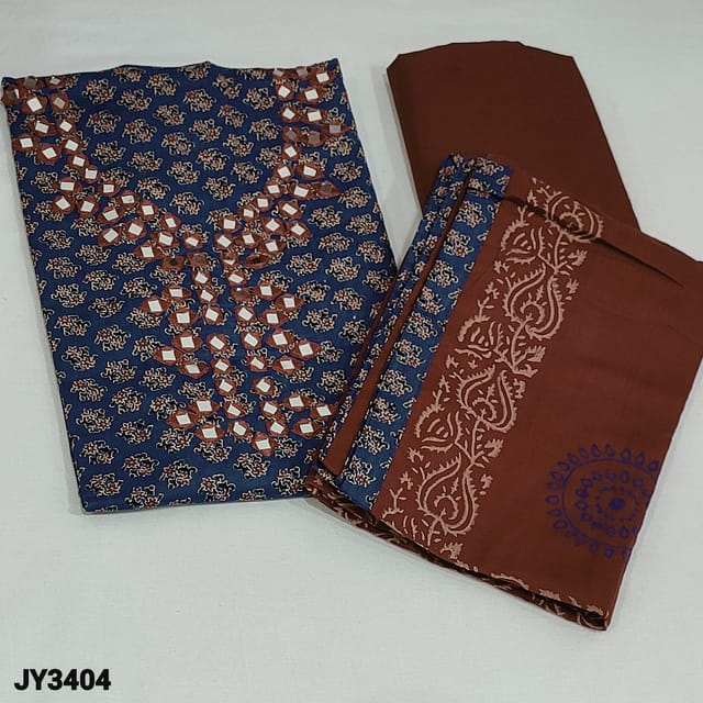 CODE JY3404 : Blue Pure Premium Soft cotton unstitched Salwar material(soft fabric, lining needed) with real mirror work on yoke, printed all over, Maroon Cotton Bottom, Black printed mul cotton dupatta with tapings