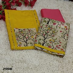 CODE JY3540 : Fenugreek Yellow Slub Cotton Unstitched Salwar material (Texture fabric, lining optional) Art silk yoke patch, Pink Cotton Bottom, Printed art silk dupatta with tapings
