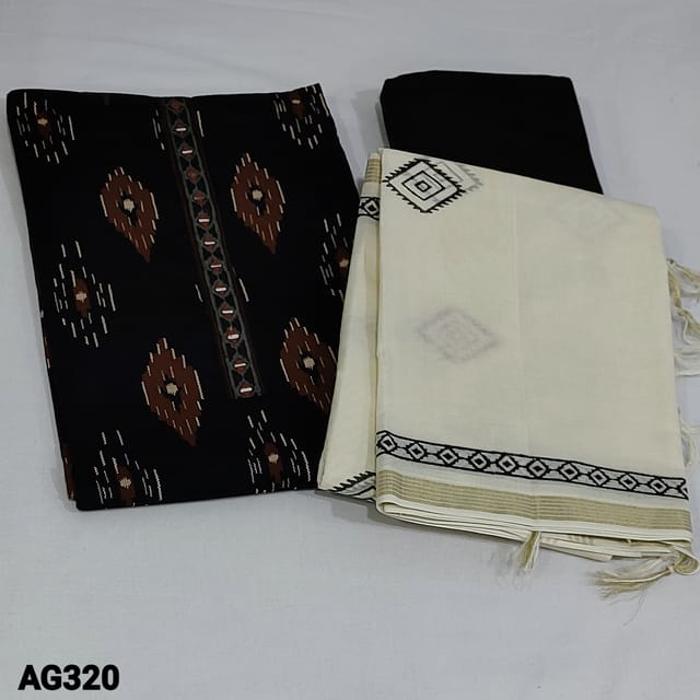 CODE AG320 : Black Ikat Printed Soft cotton unstitched Salwar material(soft fabric, lining needed) with real mirror work on yoke, printed all over, Black Cotton Bottom, Block printed Pure cotton dupatta