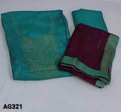 CODE AG321 : Designer Turquoise Blue Dola Silk unstitched Salwar material(silky fabric, lining needed) with Mukesh work(stone work) and banarari woven on yoke, zari woven buttas on frontside, Matching Santoon Bottom, zari and sequins on Dark Beetroot Purple Pure chiffon dupatta with brocade tapings