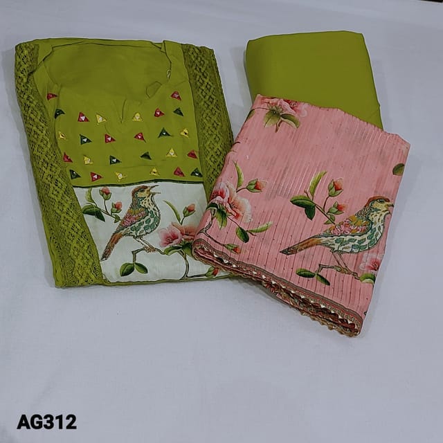 CODE AG312:  Mossy Green Liquid fabric unstitched Salwar material(Soft, Flowy fabric, lining needed)  round notch neck, colorful thread embroidery real mirror work and sparrow digital printed digital printed zari outlines and crochet lace work on yoke, Matching Liquid fabric Bottom, sequins on digital printed pink silk cotton dupatta with gota lace tapings