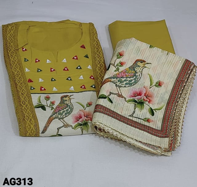 CODE  AG313 :  Fenugreek Yellow Liquid fabric unstitched Salwar material(Soft, Flowy fabric, lining needed)  round notch neck, colorful thread embroidery real mirror work and sparrow digital printed digital printed zari outlines and crochet lace work on yoke, Matching Liquid fabric Bottom, sequins on digital printed Ivory silk cotton dupatta with gota lace tapings
